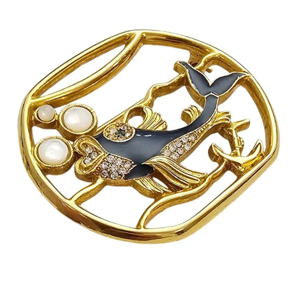 1928 Brand Fish In Bowl Brooch Mother Of Pearl Cab Blue Enamel Pin J295